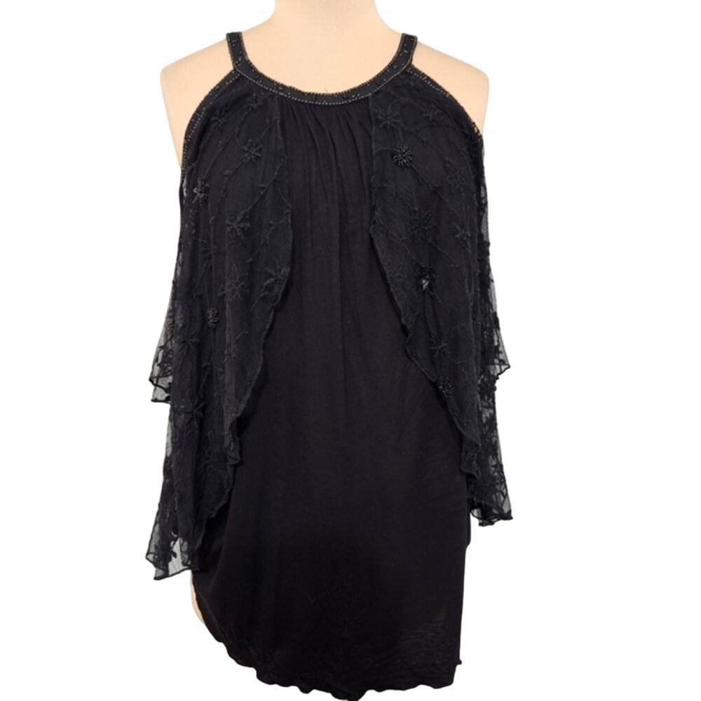 Free People Black Cold Shoulder Lace Tunic Top Lattice Back Boho Medium Gothcore